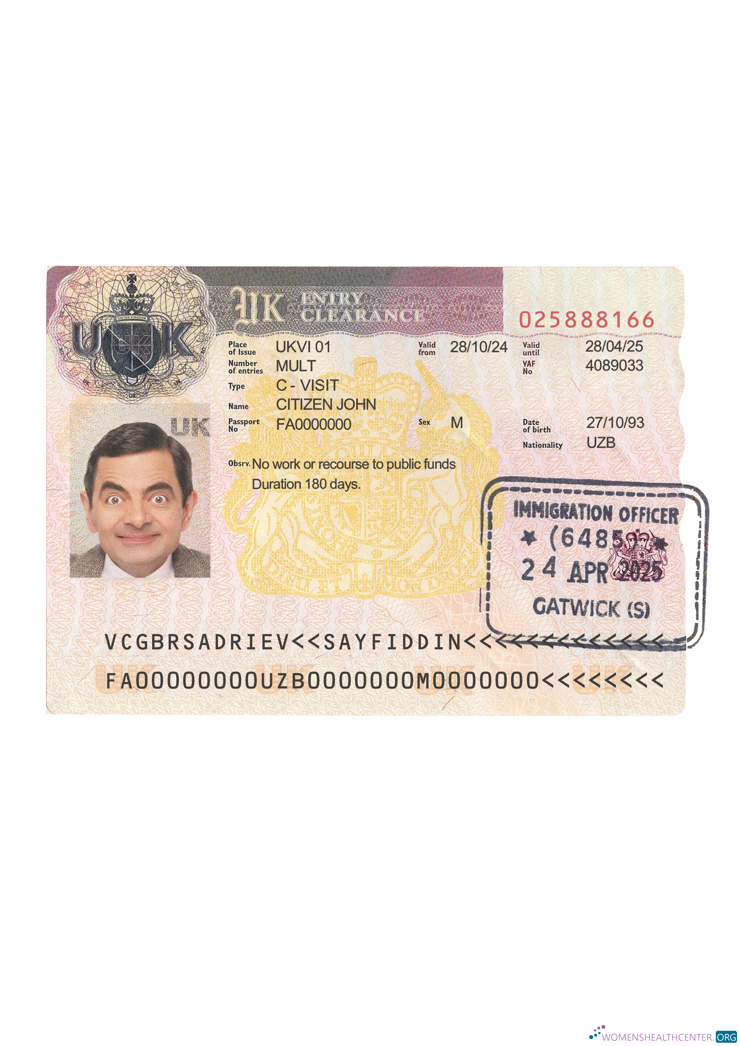 Download United Kingdom entry visa 2024 present Photoshop template